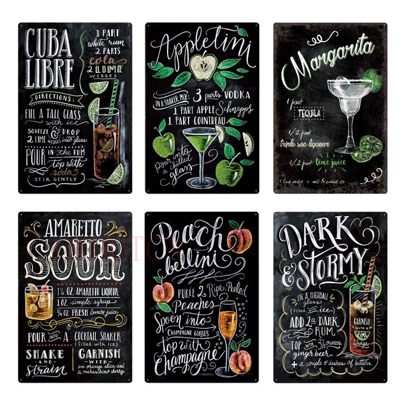 Cocktail Metal Posters Mojito Zombie Tin Sign Vintage Pub Plaque Wall Decor for Bar Club Man Cave Retro Iron Painting | Дом и сад