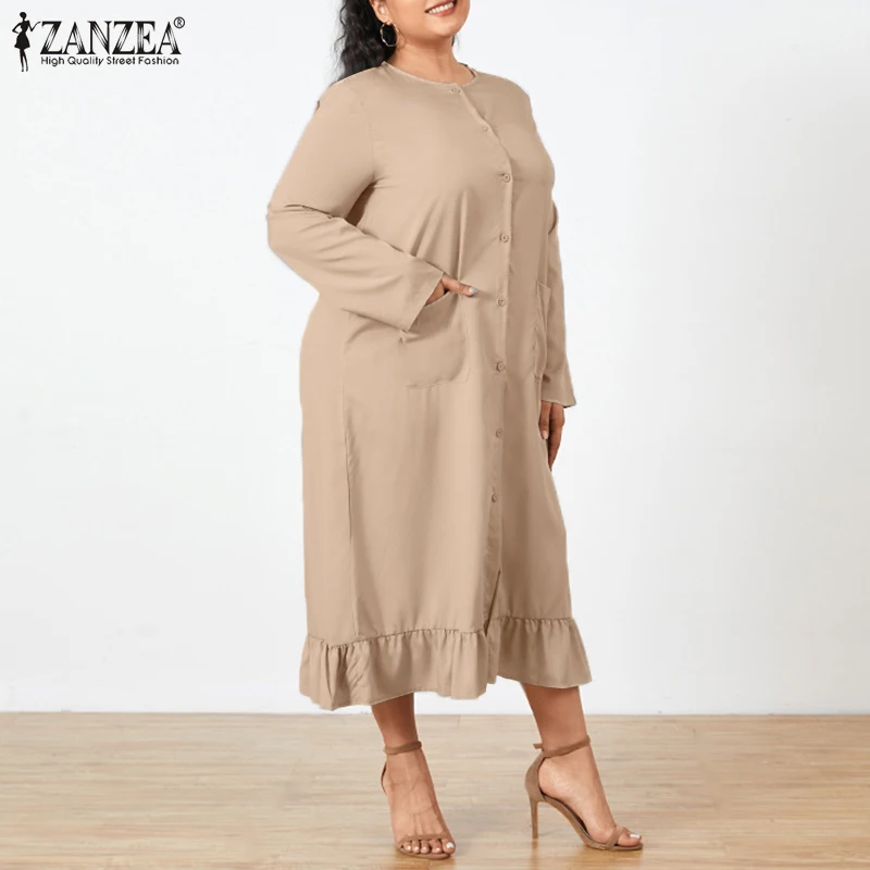 

Женское платье с длинным рукавом, круглым вырезом и оборками