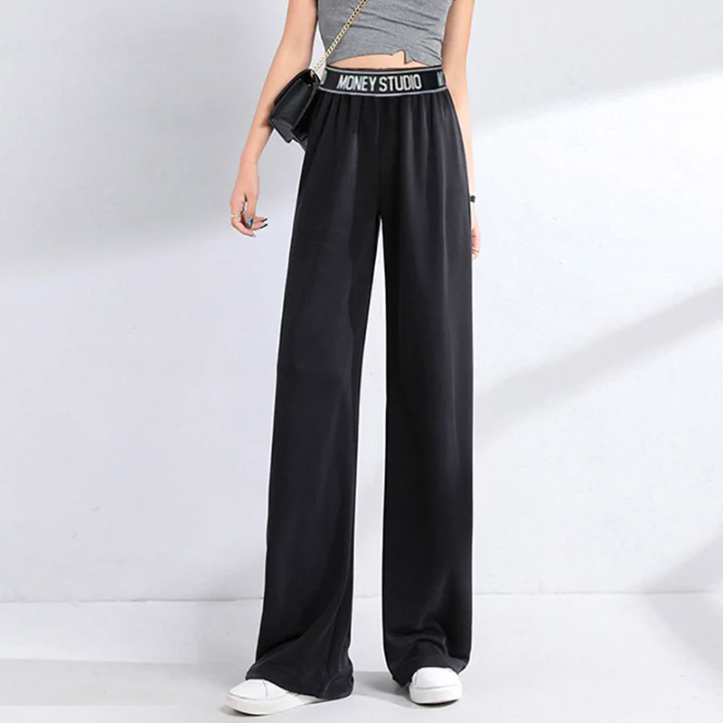 

Ice Silk 2021 New Straight Leg Wide-leg Pants Women Summer Thin High Waist Casual Black Loose Trousers Wholesale