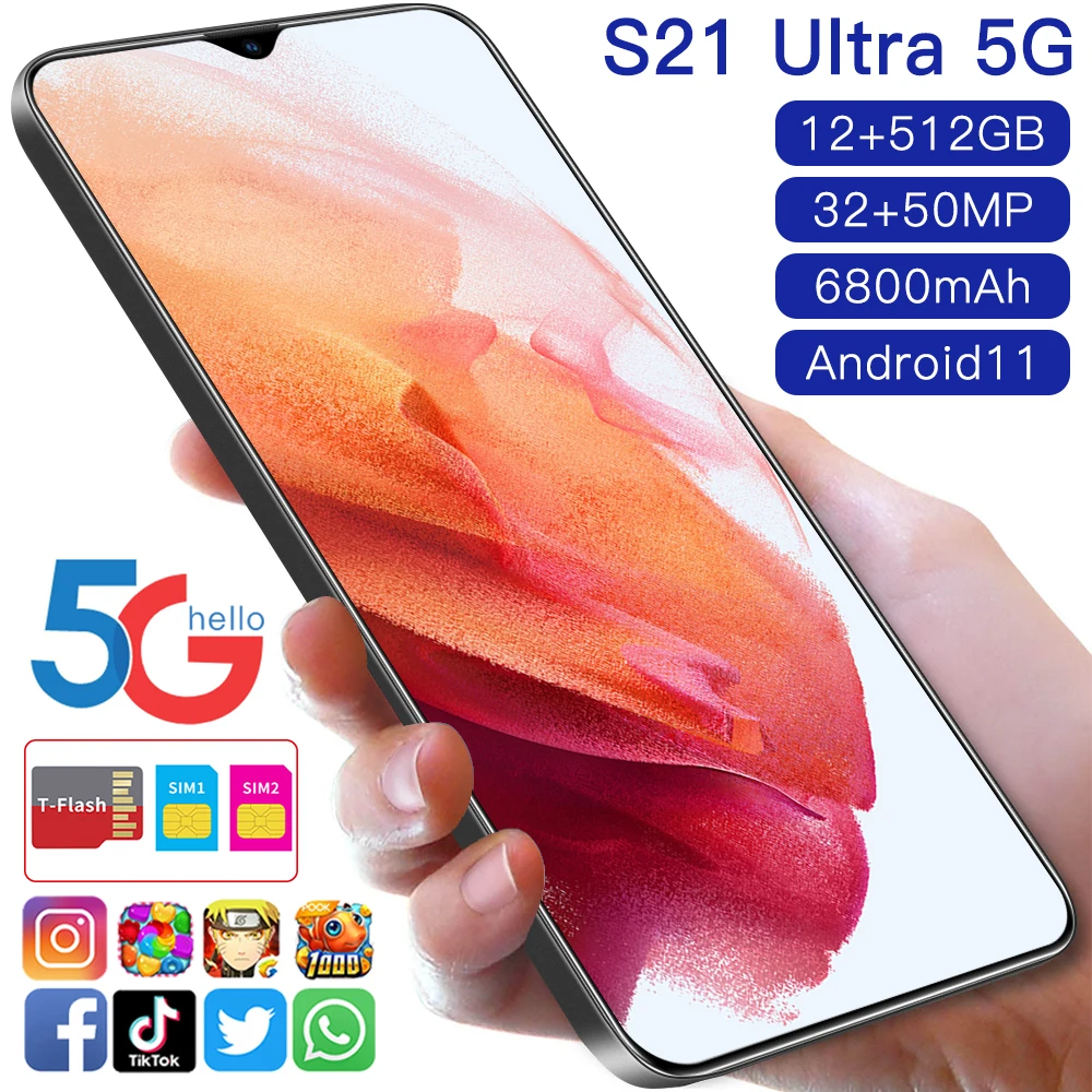 

S21+Ultra Smartphone 6.7 HDinch 6800mAh Global Version 5G Android 10.0 Mobile Phone 32MP+50MP 12GB 512GB Cellphone