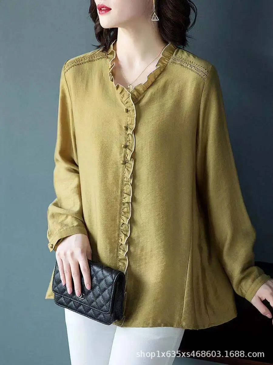 

Large Size Women's Long-Sleeved Shirt Women's Spring and Autumn Loose Plump Girls Shirt Simple Wooden Ear Loose Early Autumn Top