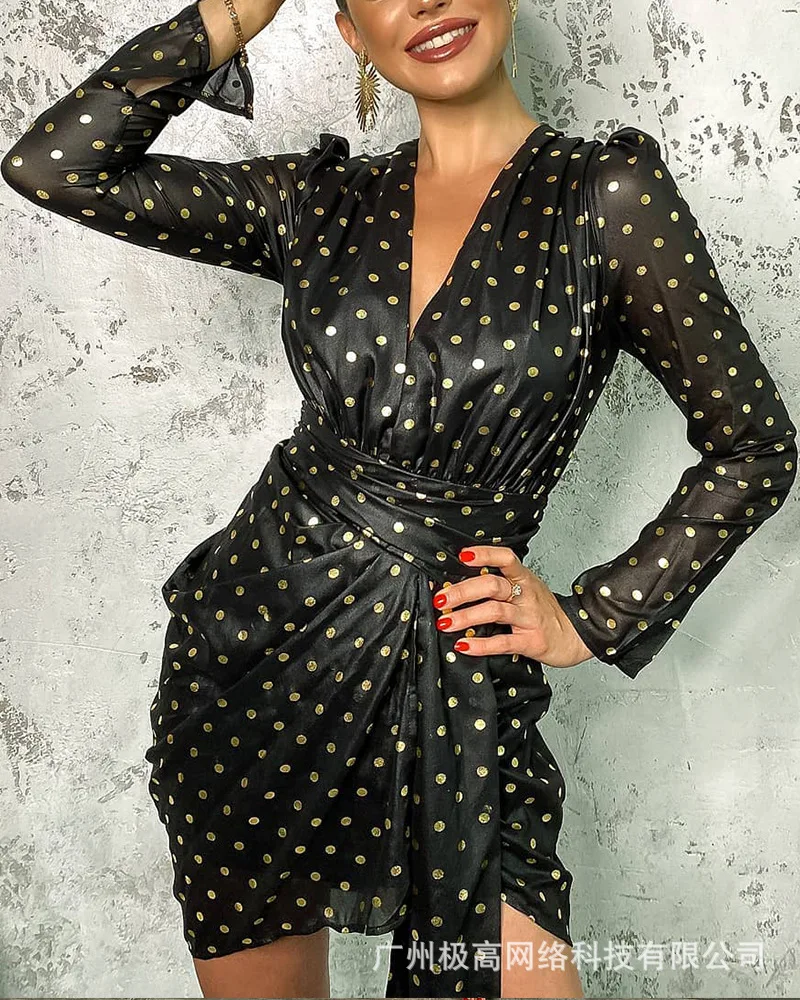 

black polka dot dresses Women 2021 new summer ruched mini dress with belt