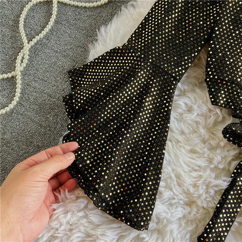 

Streetwear Short Women Bow Drawstring Blouse Spring V Neck Flare Sleeve Tops Korean Solid Sequins Blouses