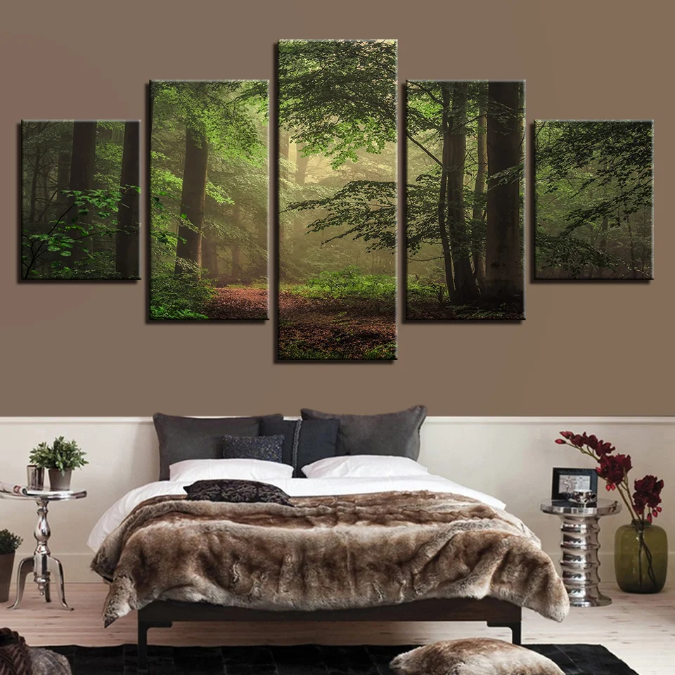 

5 Pieces Green Forest Scenery Posters Modular Canvas Pictures Wall Art Printed HD Paintings Frames Home Living Room Modern Decor