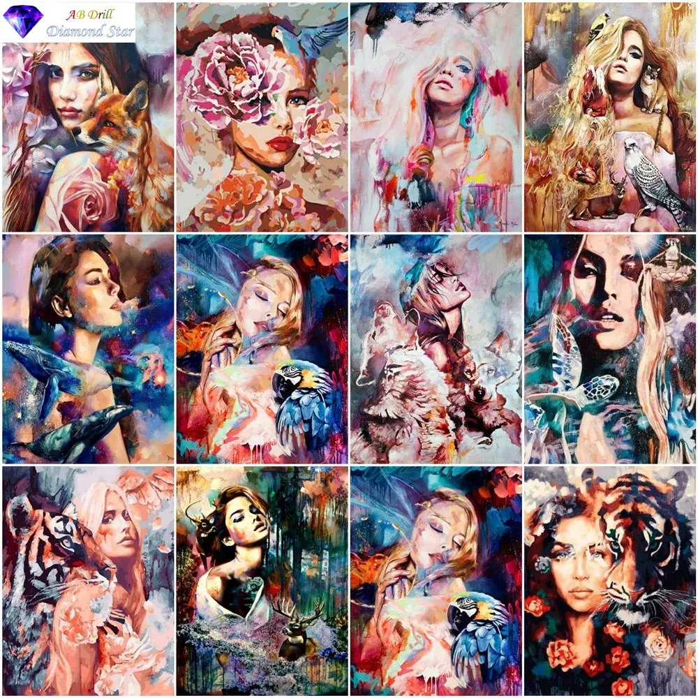 5D AB квадратная Круглая Полная Алмазная картина с животными девушками алмазная