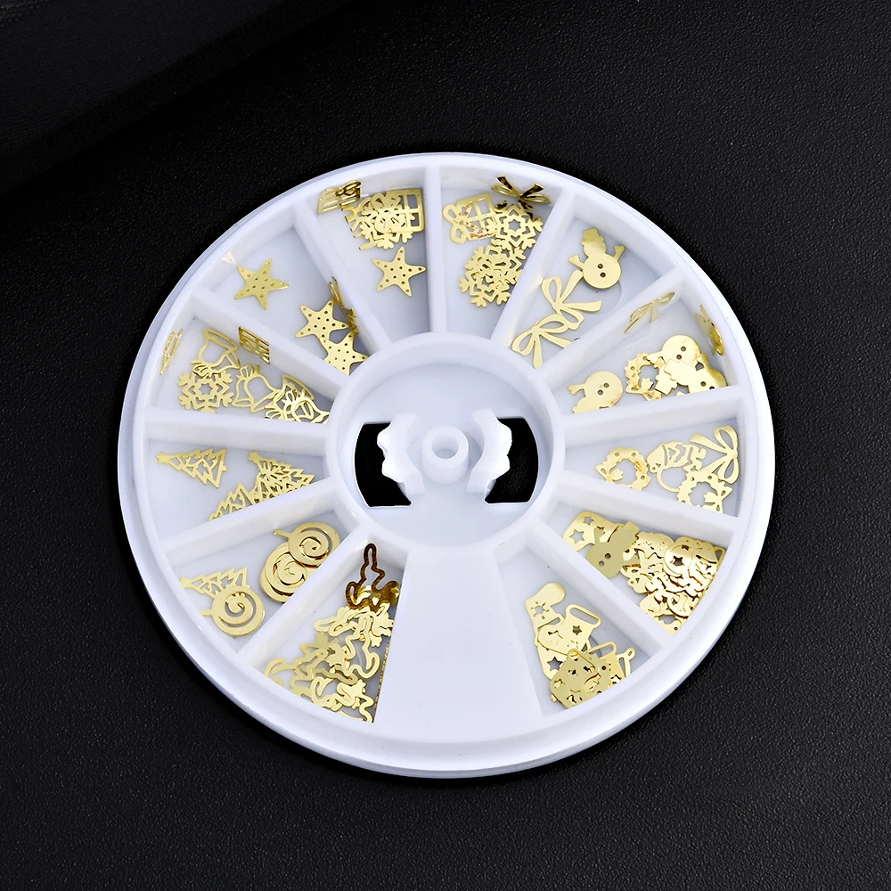 

Mix Gold Merry Christmas Element Xmas Tree Bell Elk Santa Claus Snowman Snowflake Metallic Nail Art Sequins Decals Gem DIY Wheel