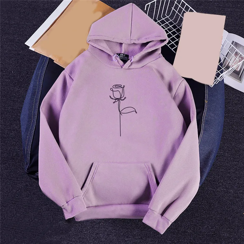 

Womens Flower Printed Hoodies Casual Loose Autumn Korean Style Long Sleeve Hooded Sweatshirts Fleece Warm Sport Pocket Pullovers