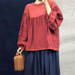 Женская винтажная блузка с галстуком Johnature, однотонные топы и блузки из хлопка и льна, свободные универсальные рубашки для весны и осени, 2021