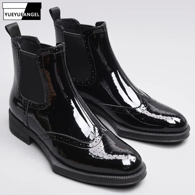 Ботинки Челси Мужские Брендовые ботильоны из лакированной кожи с круглым носком