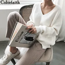 Colorfaith, новинка, Осень-зима, женские свитера с v-образным вырезом, минималистичные топы, модные, с неровным подолом, вязаные, повседневные, одноцветные, SW8112