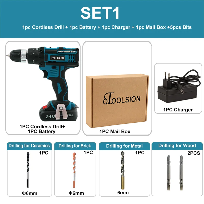 SET1 (1 pc battery) Ударная 2 Скорость 21 В аккумуляторная отвертка ударная аккумуляторная электрическая дрель аккумуляторные инструменты электроинструменты сверление в стали дерево керамика - Цвет: SET1 (1 pc battery)