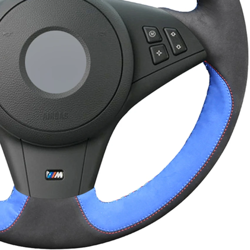 

LQTENLEO DIY Hand Car Steering Wheel Cover Black Blue Suede For BMW E60 E61 530d 545i 550i E63 E64 630i 645Ci 650i 2003-2010
