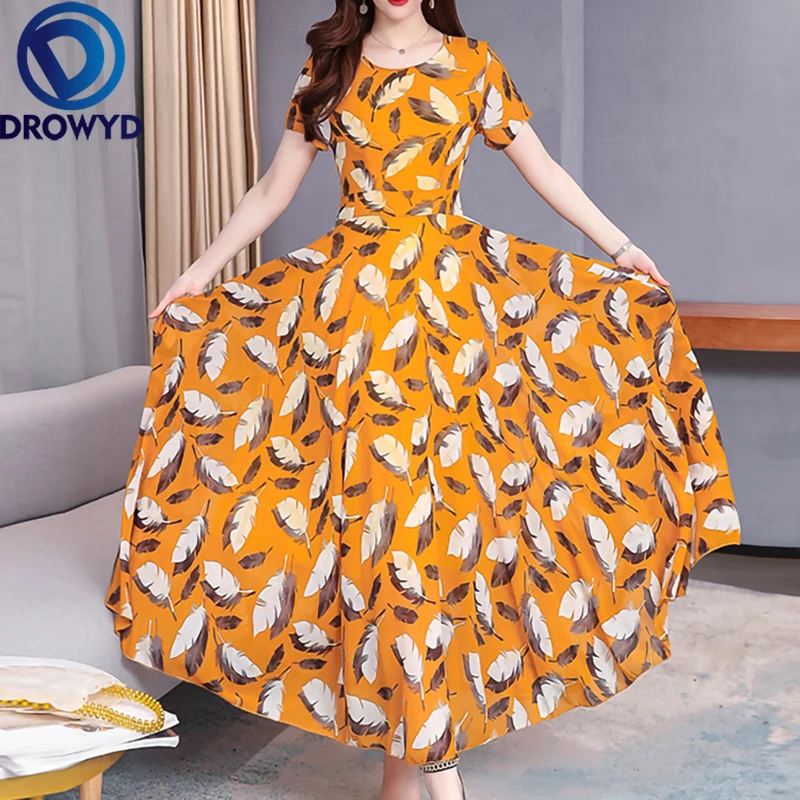 

Summer Maxi Dress Fashion Women Yellow Print Sexy O-neck Thin Chiffon Floral BohoTropical Party Elegant Runway Dresses Vestidos