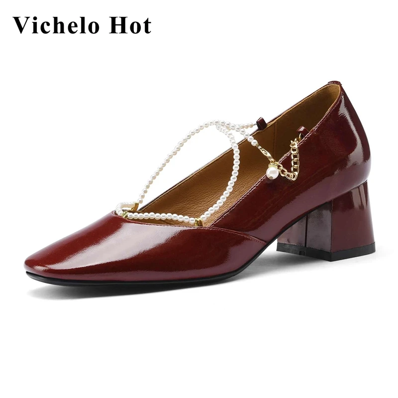 

Vichelo Hot cow patent leather round toe high heels pearl decoration retro fashion French romantic beauty ladies women pumps L39