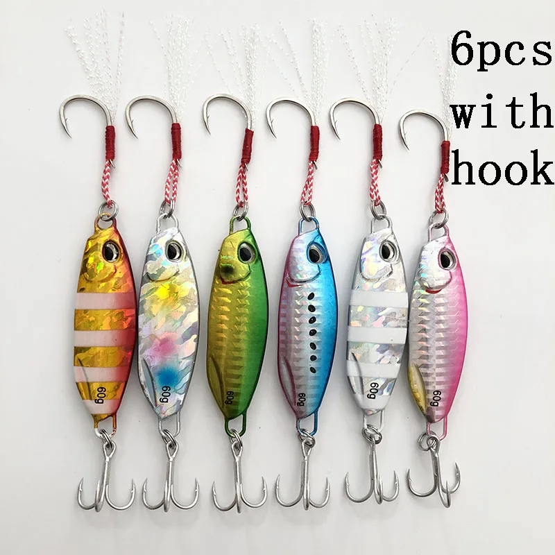 6pcs with hook3 6 шт./лот, 10, 15 г, 20 г, 30 г, 40 г, 60 г, ложка, металлический джиг, тройной крючок, искусственная приманка, свинцовая, морская, для ловли на окуня, для рыбалки на суше, приманка для джигинга - Цвет: 6pcs with hook3