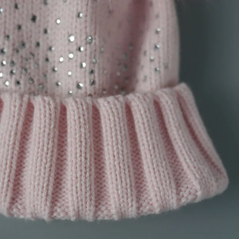 

6M-2Y Diamond Baby Girl Winter Hat with Fluffy Real Fur Pompom Wool Blend Quality Kids Hats Girls