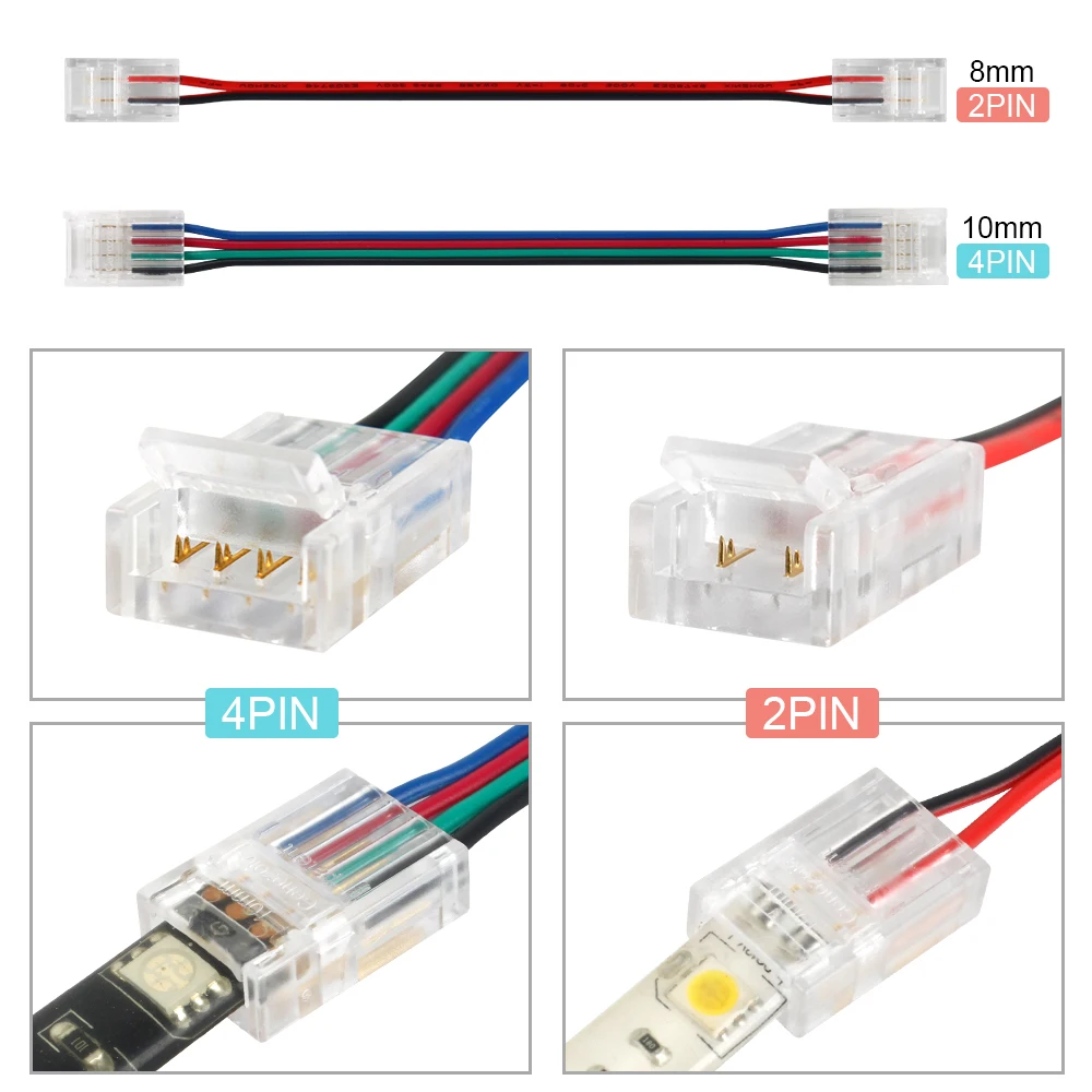 

4pin 2pin RGB LED Strip Connector Dual End Solderless Cover For SMD 5050 3528 IP65 LED Strip 5pcs 10pcs 20pcs 8mm/10mm Connector