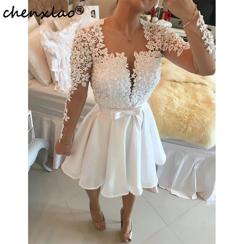 

Белое короткое платье для выпускного вечера, кружевное платье с длинным рукавом и аппликацией из жемчуга, платье с бантом на поясе для выпус...