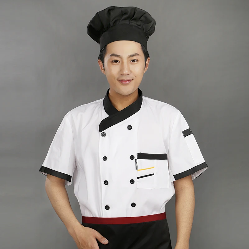 White short sleeve Высококачественная Осенняя Униформа шеф-повара с коротким и полным рукавом, Мужская однотонная полиэфирная кухонная одежда, костюмы повара, мужские топы, рубашки - Цвет: White short sleeve