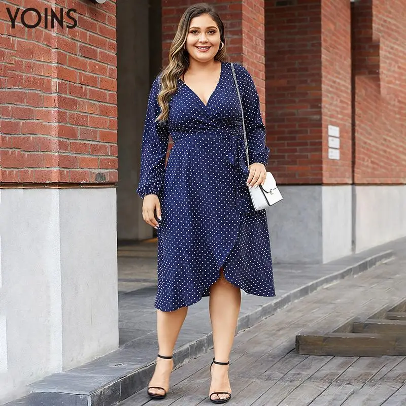 Женское богемное платье миди YOINS винтажное в горошек с v образным вырезом поясом и