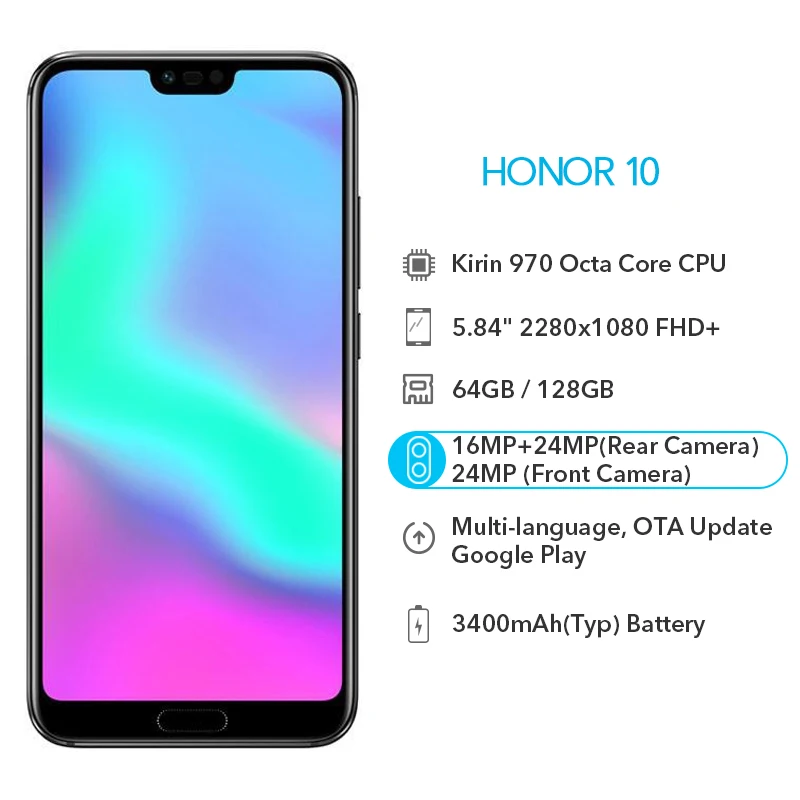 Оригинал Honor 10 64 ГБ/128 ГБ NFC 24 МП двойная камера Honor10 Kirin 970 четыре ядра 5 84 дюйма 19:9 отпечаток пальца ID мобильный
