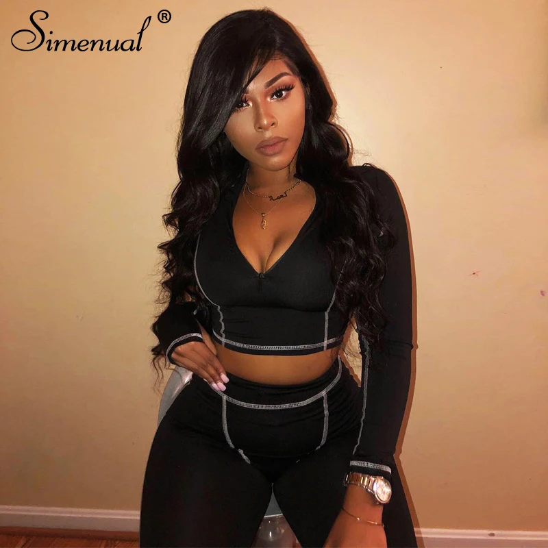 

Simenual Fitness Casual Active Wear 2 Piece Set Women Sporty Workout Zipper Tracksuits Long Sleeve Top And Leggings Sets Fashion