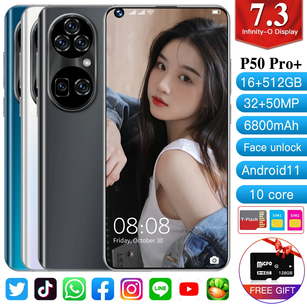 

Smartphone P50 Pro+ 7.3 Inch Qualcomm 888 16GB 512GB 6800mAh 5G Global Version Android 11 Mobile Phone HD Screen Cellphone