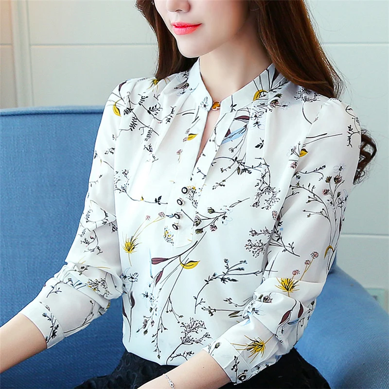 2019 Flower Print Blouse Women Long Sleeve Top Shirt Elegant Ladies Shirts Womens Tops And Blouses 8 S |