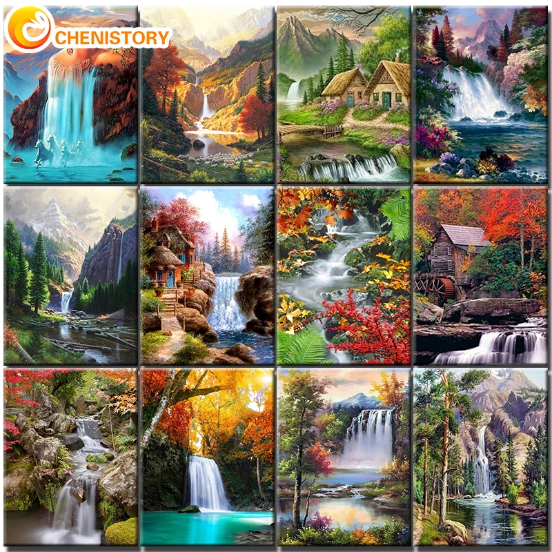 

CHENISTORY DIY Painting By Numbers Picture Colouring Zero Basis HandPainted Oil Painting Waterfall Landscape Gift Home Decor