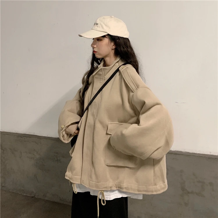 

Khaki Fleece Overalls Women's Autumn and Winter All-Matching New Loose Korean Style Bf Long Sleeve Casual Top