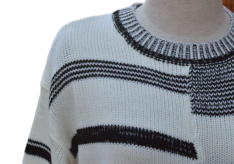 Fitshinling Casual Black White Striped Sweaters For Women Long Sleeve Pullovers Winter Basic Jumper Knitwear Boho Sweater Ladies | Женская