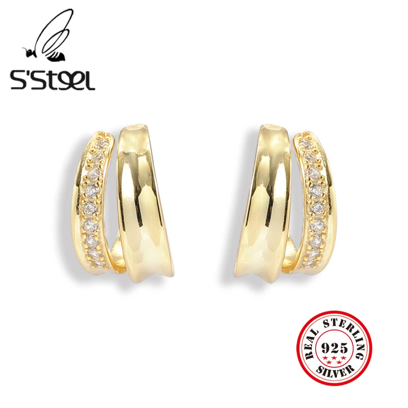 

S'STEEL Zircon Earrings 925 Sterling Silver Stud Earring For Women Luxury Personalized Gold Earings Kolczyki Srebrne Jewellery