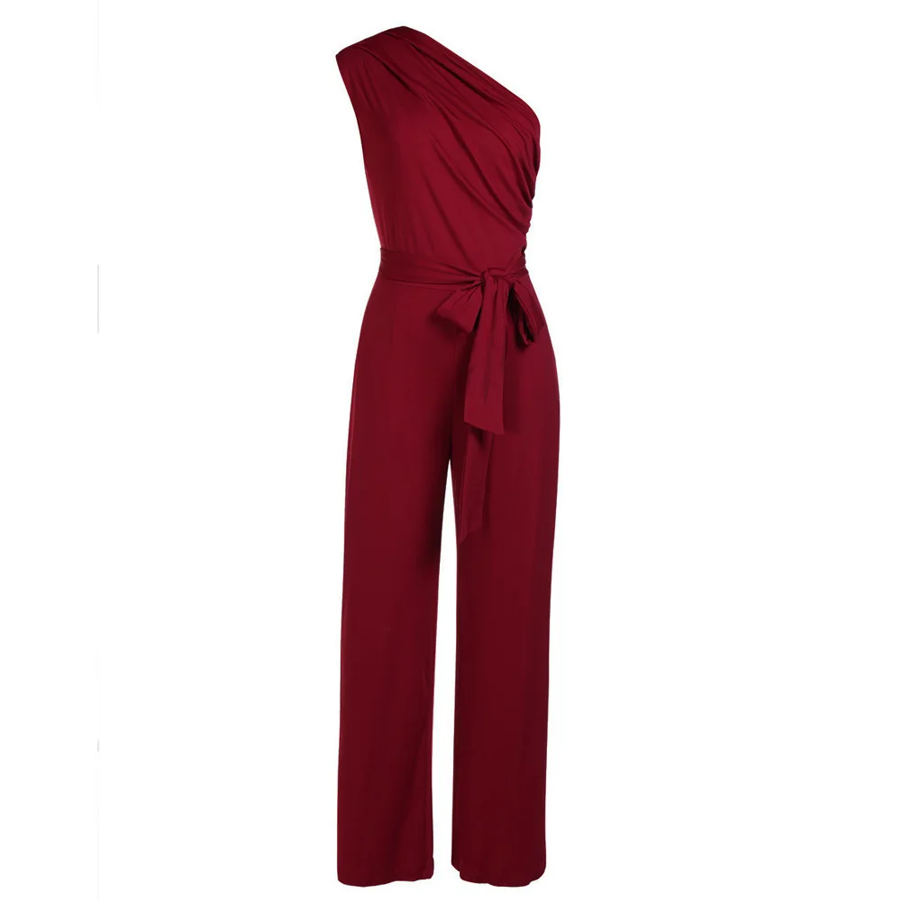 

Women's Solid Color Exposed Shoulder Jumpsuit Button Directly Canister Wide Sexy Chalaza Waist Sleeveless Trousers