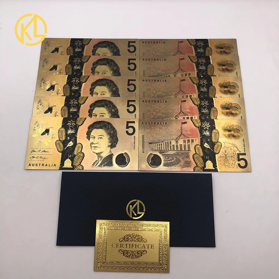 Австралия 100 долларовая Золотая банкнота покрытая красочными AUD 100 50 20 10 5 долларов Золотая фольга коллекция банкнот - Цвет: 5 AUD