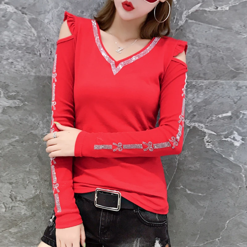 

Sexy Off Shoulder Korean Diamonds Letter Tshirt Cotton Mesh New Autumn Winter Women Top Shirt Clothes Vneck Camiseta Mujer