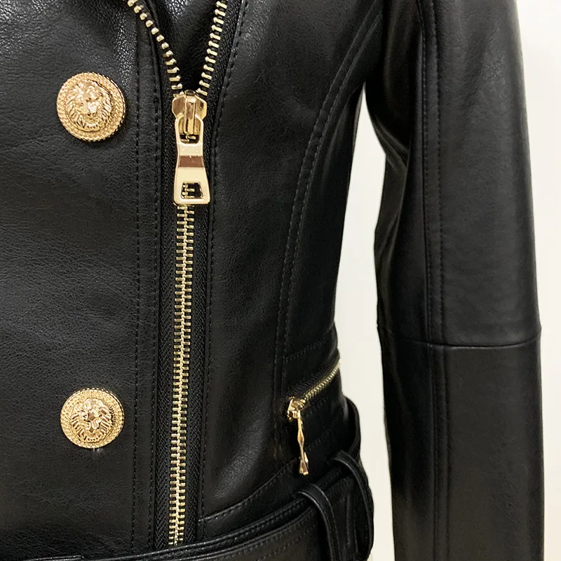

High Quality Feminino Jacket Haute Couture Leather Cool Crisp Lapel Super Heavy Double Zippers Buckle Imported Water-washed Coat
