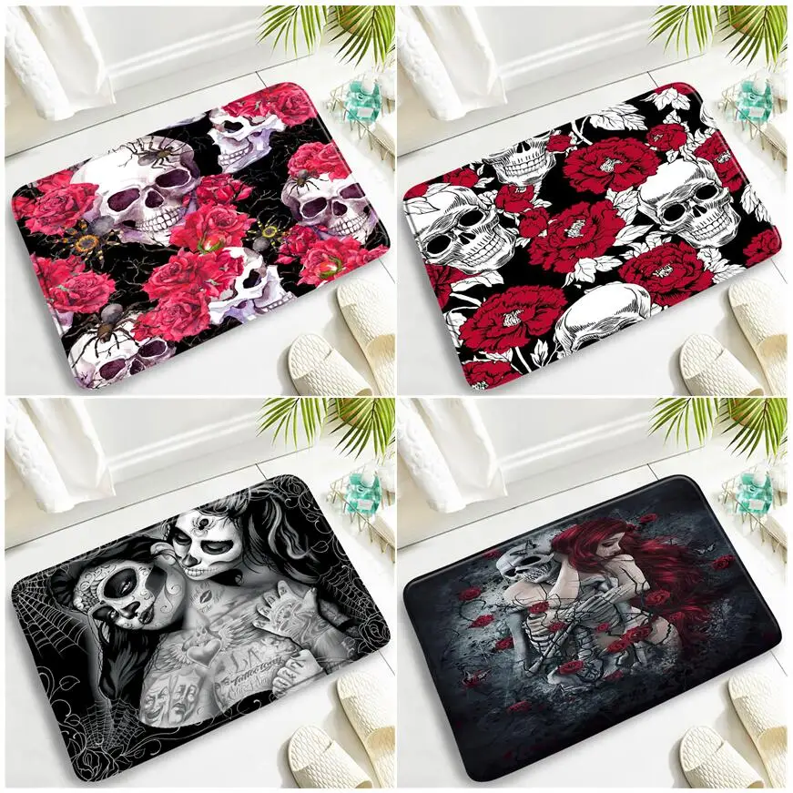 

Flowers Skull Bath Mats Set 3D Skeleton Halloween Home Door Pad Kitchen Rug Shower Room Non-slip Carpet Floor Mat Bathroom Decor