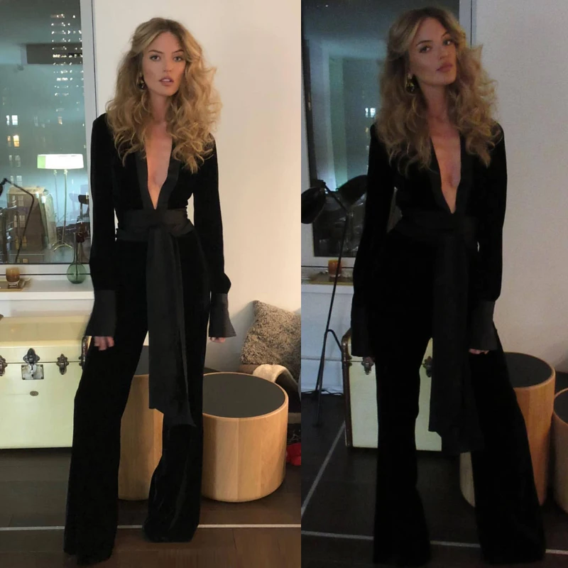 

Designer High Quality Casual 2021 Spring Sexy Women V-Neck With Belt Long Jumpsuit Black Velvet Wide leg Solid Color Jumpsuit