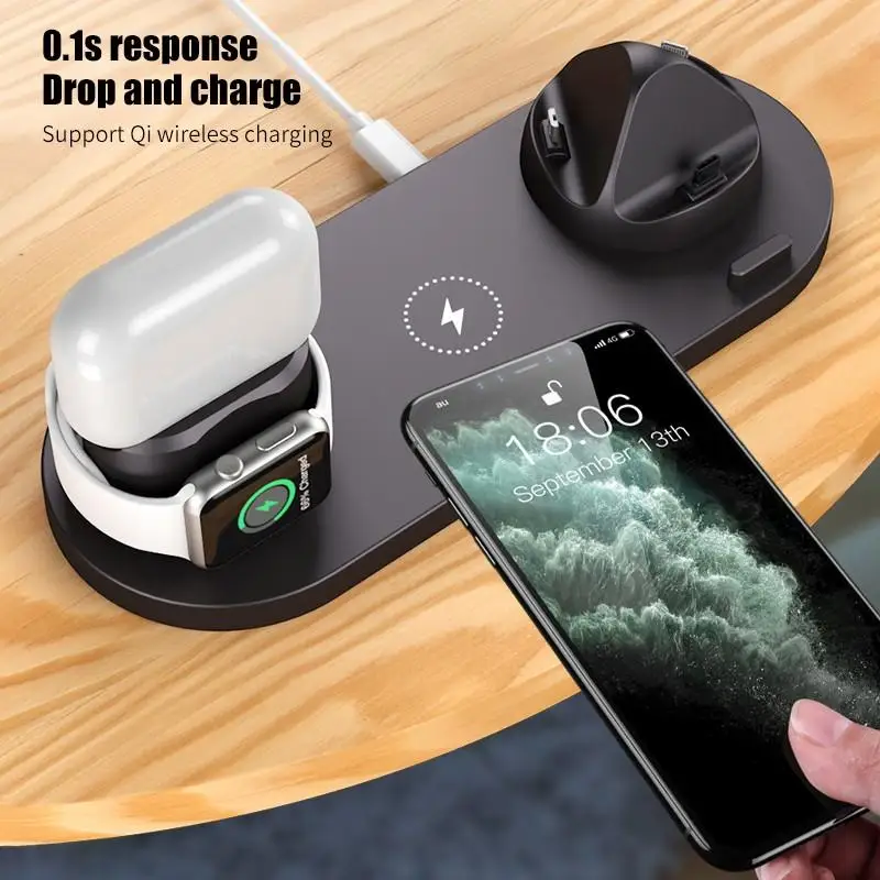 

6 In 1 Wireless Charger Stand for Iphone/Android/Type-C 10W QI Fast Charging Wireless Charger Stand for Apple Watch AirPods Pro
