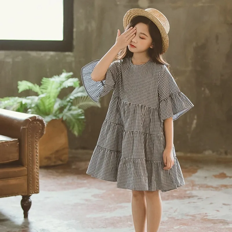school big girls plaid dress flare sleeve summer toddler kids dresses loose children clothes size 4 5 6 7 8 10 12 14 Years | Детская