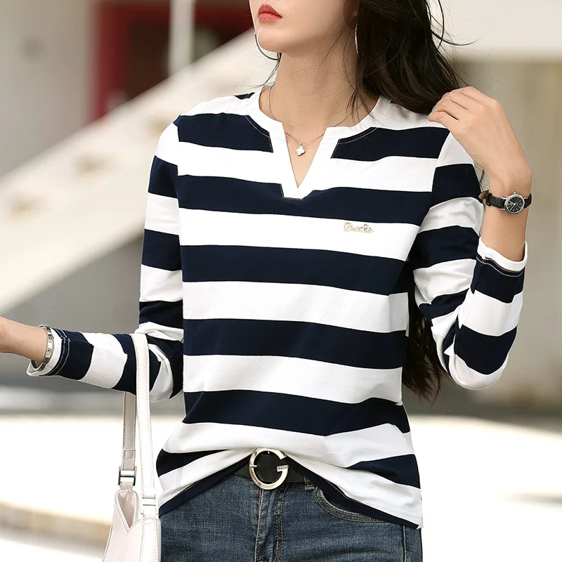 

Green Stripe Long Sleeve V-Neck T-shirt 2021 Autumn and Spring Women's New Slim Fit Cotton Bottoming Shirt