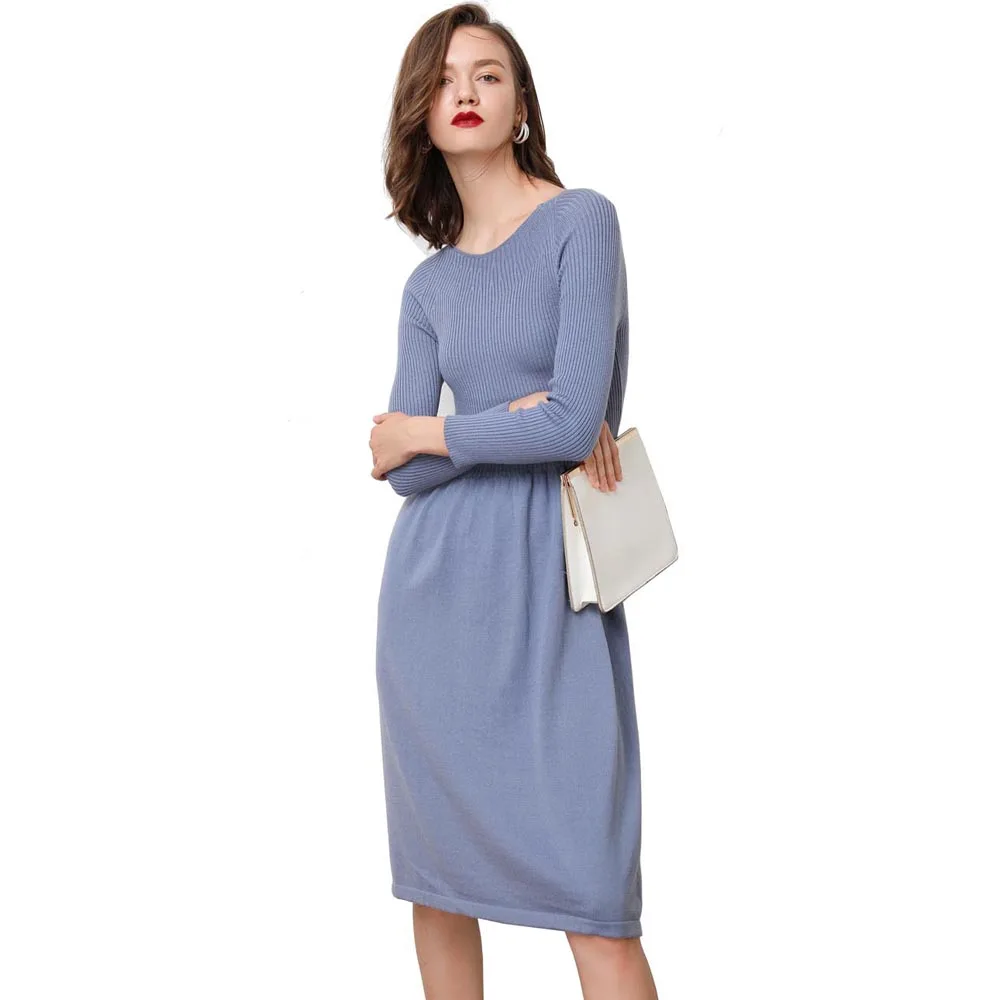 

Sweater Dress for Women Crewneck Ribbed Elbow Long Sleeve Slim Bodycon Fashion Elegant Dresses Vestidos Blue