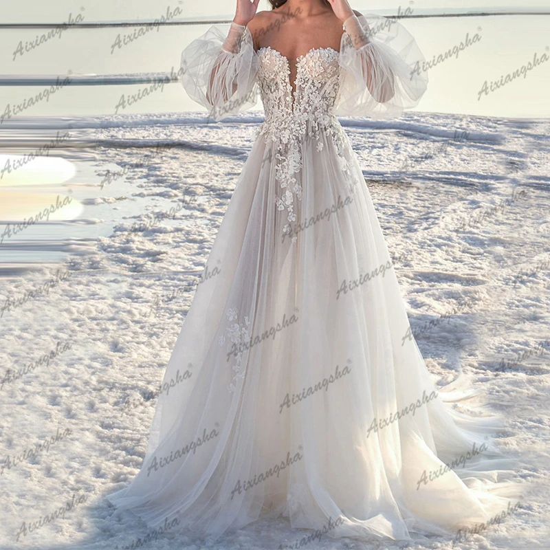 Длинное винтажное свадебное платье из тюля с аппликацией милое Тюлевое