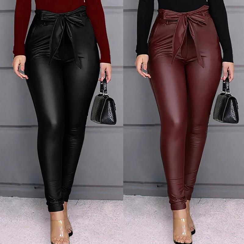 

Новые женские леггинсы из искусственной кожи с высокой талией, Эластичные Обтягивающие Брюки-карандаш с поясом TY66