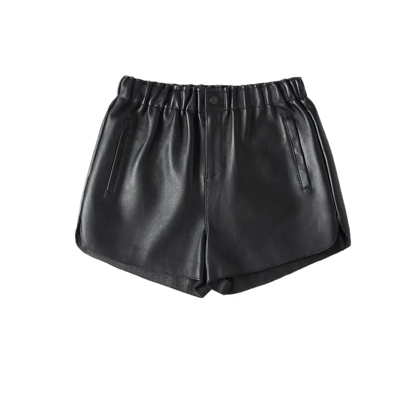 318 Star Celebrity All-match Elastic Waist Sheep Leather Shorts Women's Hot Pants Women Genuine Leather Shorts