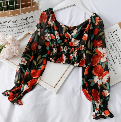 Женская шифоновая блуза с цветочным принтом винтажная рубашка квадратным