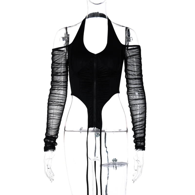 

sexy colheita topo moda feminina streetwear clube shirt top vintage clothing album manga longa empilhada halter zper retalhos