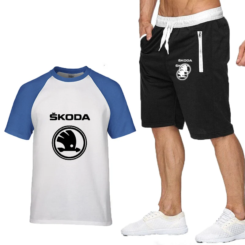 

Fashion Summer Men T Shirts Skoda Car Logo Print short sleeve high quality Casual Cotton Men T-shirt+shorts 2pcs suit Clothing