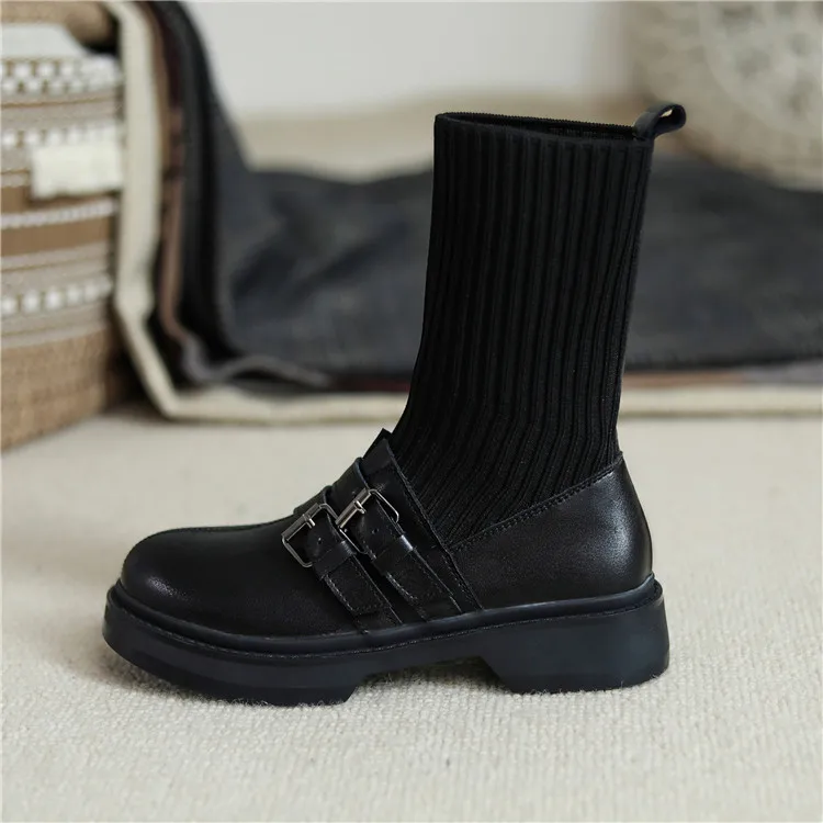 

Retro Stretch Knitted Socks Real Leather Boots Girls College Wind Round Toe Thick Bottom Belt Buckle Mid-Tube Short Boots Women