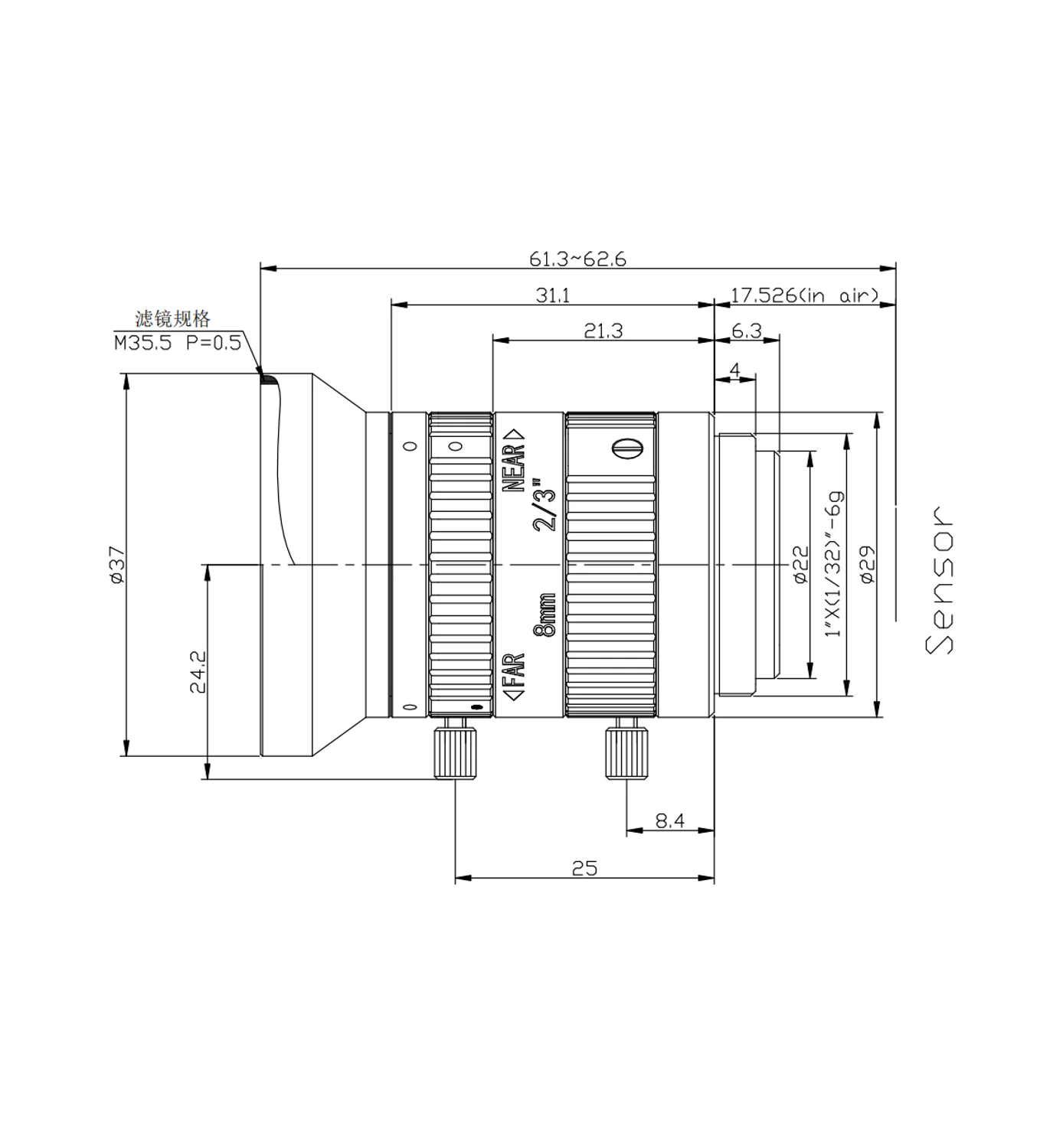 Объектив с фиксированным фокусным расстоянием F2.4 FA / Machine Vision 5 МП 8 мм 2/3